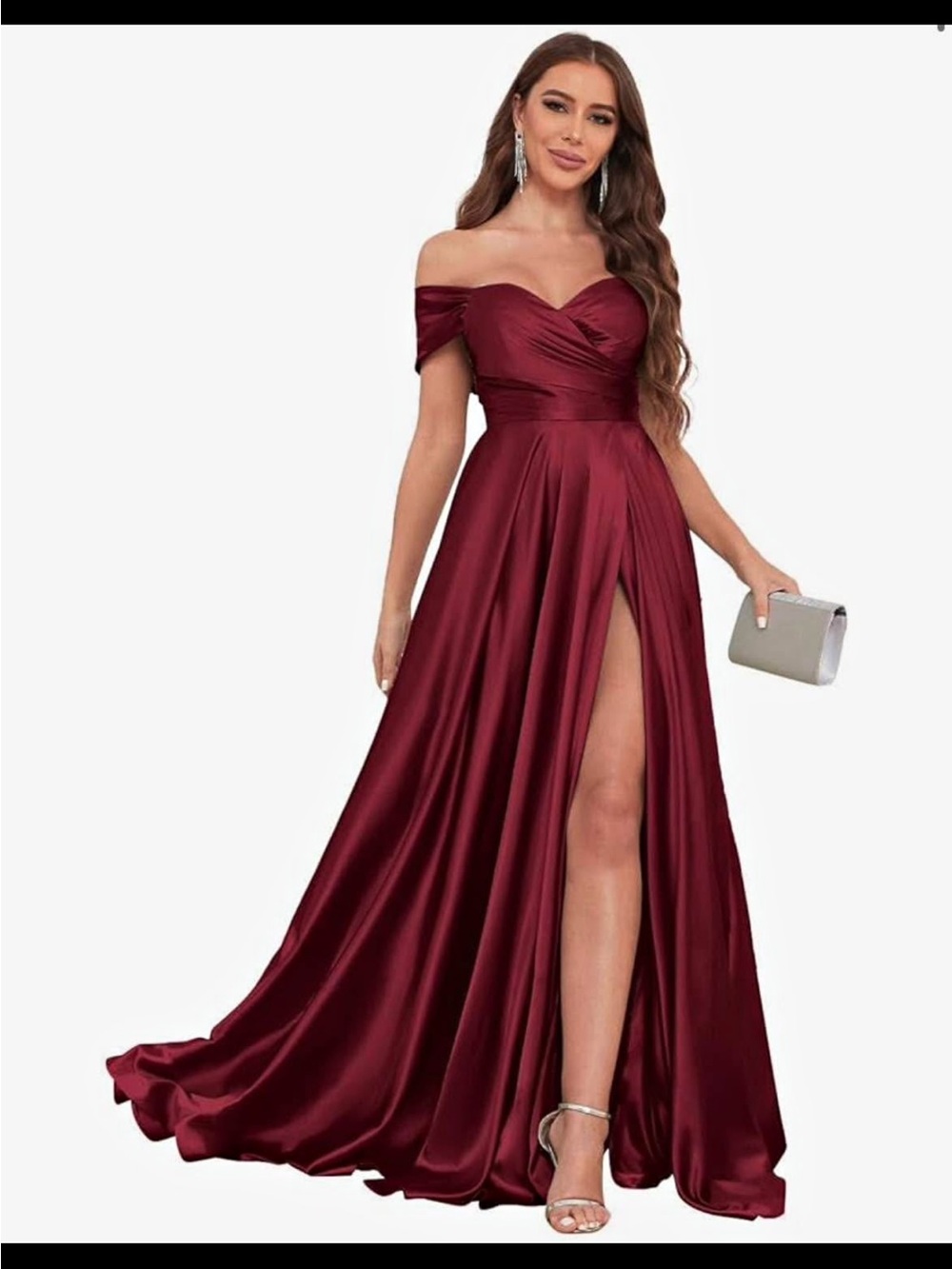 Off-Shoulder Burgundy Satin Evening Gown